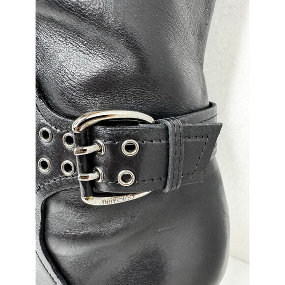 Jimmy Choo Black Darwin 85 Leather Boots Zip Buckle Stiletto sz 37.5 - Picture 6 of 12